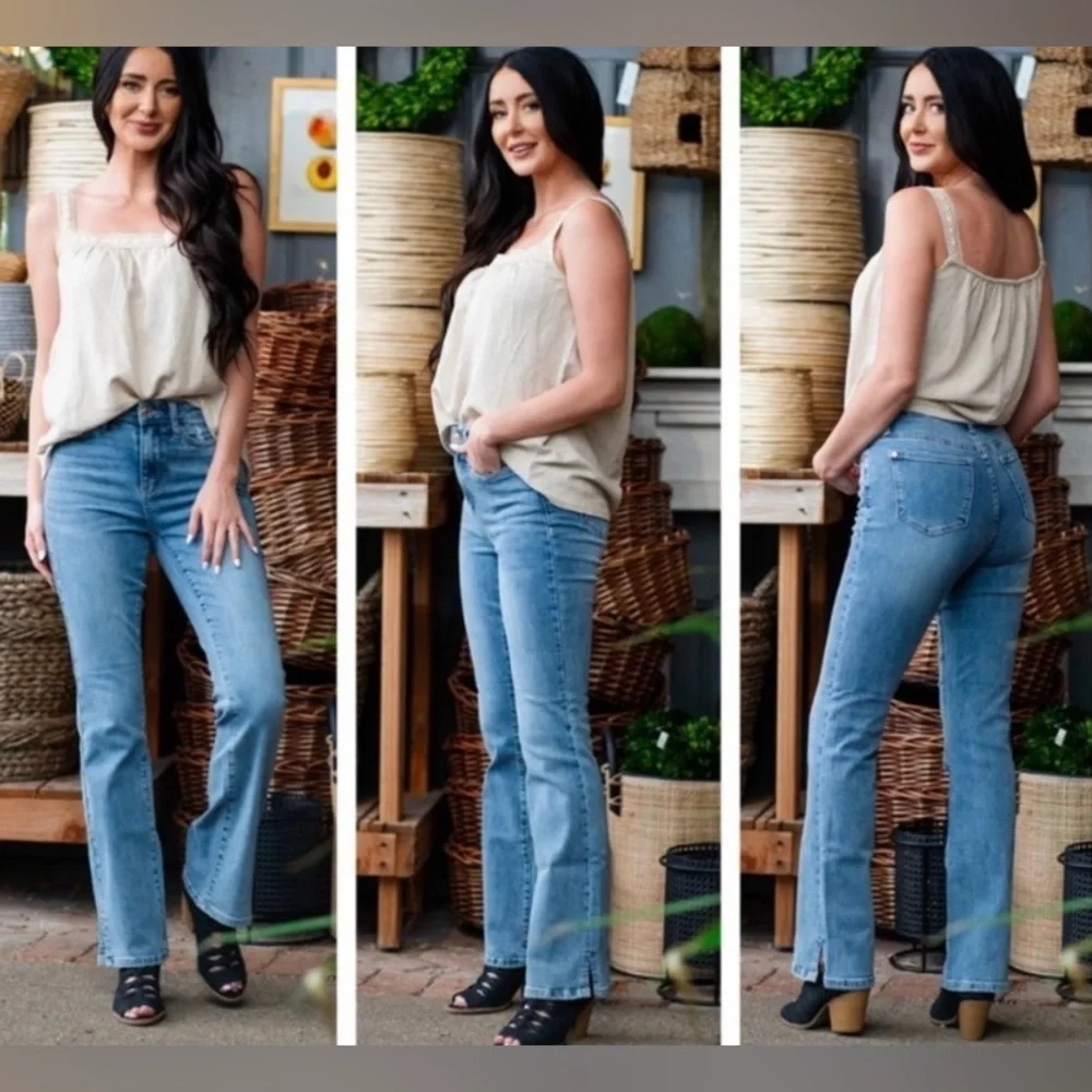 NEW SIZE 11 JUDY BLUE HIGH WAIST SLIM BOOT CUT JEANS WITH SLIT HEM - Picture 1 of 3